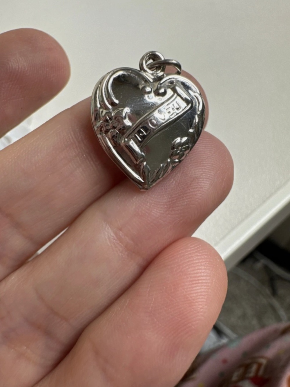 Vintage Antique I Love U Flower Puffy Heart Sterling Silver Charm Pendant
